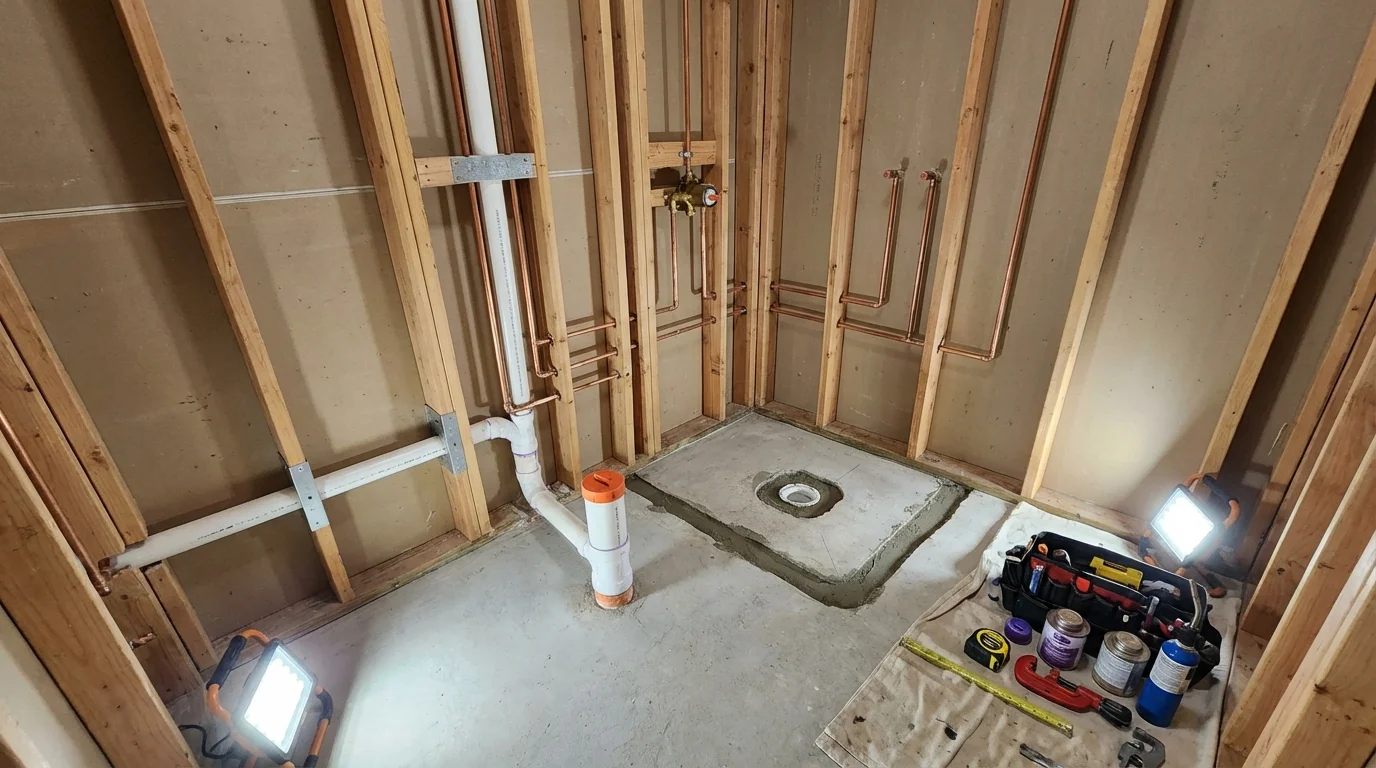 Bathroom rough-in plumbing during remodel by Johns Plumbing LLC in Prattville