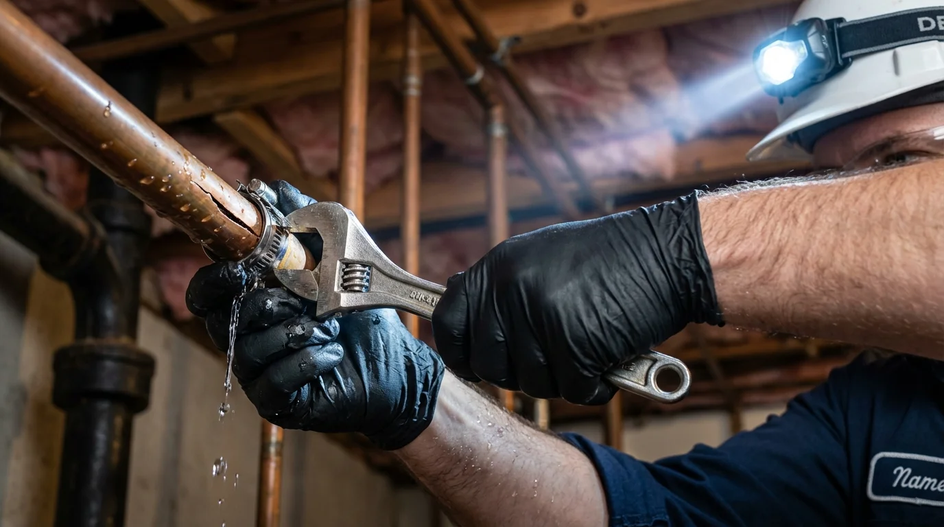 Emergency pipe clamp repair being performed by a Johns Plumbing LLC plumber in Prattville