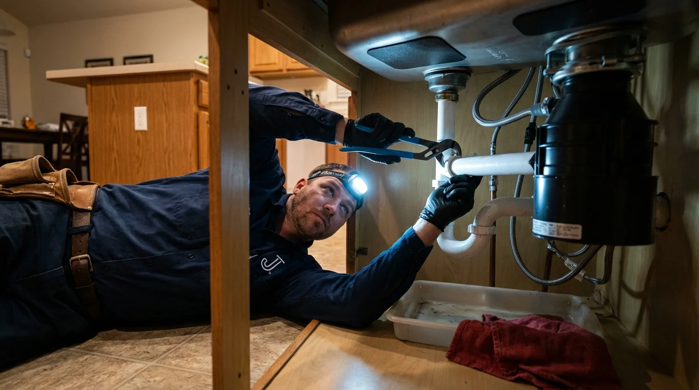 P-trap and supply line connections under a kitchen sink showing a common leak point in Prattville, AL